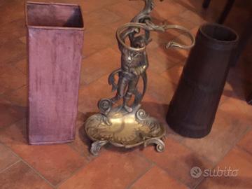 Portaombrelli in ottone ,rame e pentole, e legno