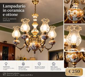 Lampadario vintage in ceramica e ottone – 6 luci