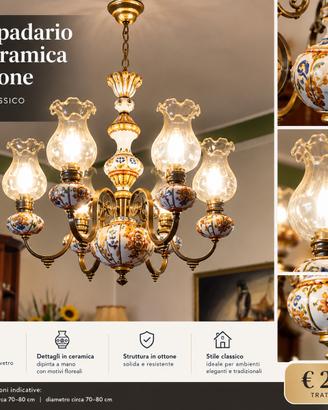 Lampadario vintage in ceramica e ottone – 6 luci