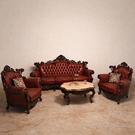 set salotto in pelle capitonnè e legno massello