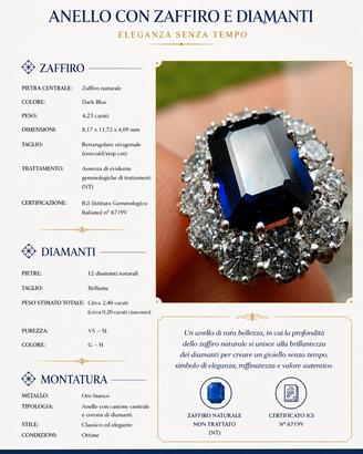 Anello in oro bianco zaffiro blu naturale diamanti