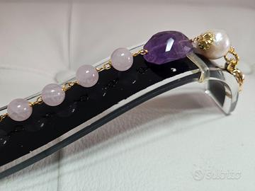 Bracciale in Quarzo Rosa, Ametista e Perle