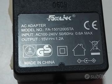 Alimentatore 15 Volt 1,2Amp Pin 5,5/2 +