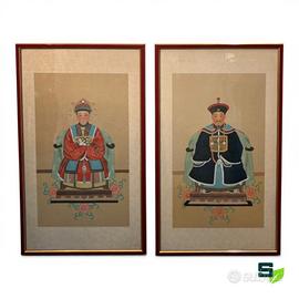 COPPIA QUADRI RITRATTI ANCESTRALI IMPERATORI QING
