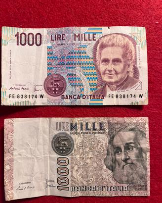 Lotto 2 Banconote 1000 Lire M. Polo e Montessori
