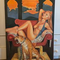 Quadro grande acrilico su Tela donna con leopardo 