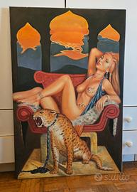 Quadro grande acrilico su Tela donna con leopardo 