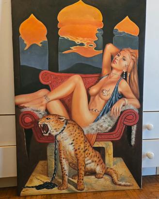 Quadro grande acrilico su Tela donna con leopardo 