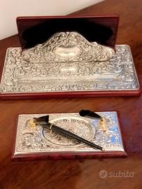 Elegante set da scrivania in arg.925 e base legno