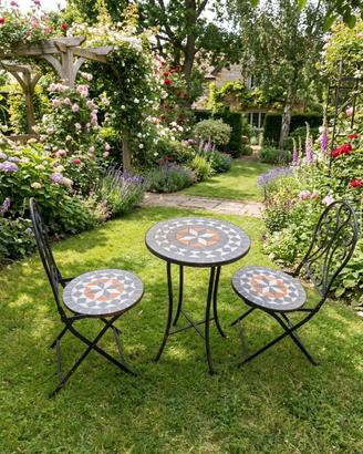 set giardino tavolo sedie ferro battuto e mosaico