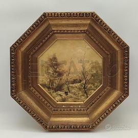 QUADRO OTTAGONALE PAESAGGIO INVERNALE TONI CALDI