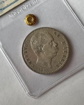 2 Lire 1885 Umberto I Rara Ag buon BB + Cartellino