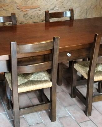 tavolo legno massiccio con 6 sedie in paglia