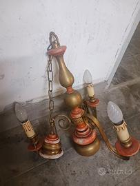 Lampadario intage a tre bracci legno/ferro battuto