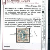 1863 REGNO 15 CENT LITOGRAFICO CIMINNA SASSONE ANN