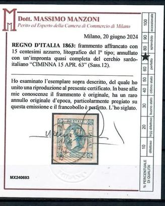 1863 REGNO 15 CENT LITOGRAFICO CIMINNA SASSONE ANN