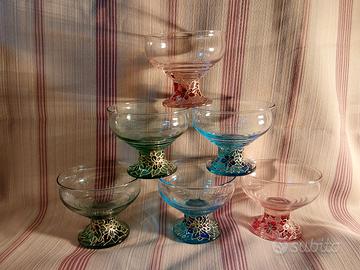 6 coppe gelato vetro col.dipinte a mano cloisonne