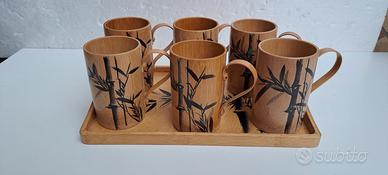 Set di sei tazze e vassoio in bambù,vintage decora