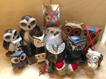 Collezione di civette in ceramica e legno