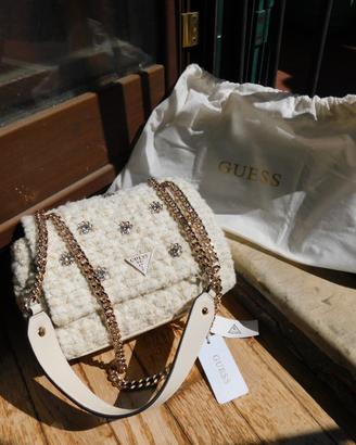Borsa nuova di GUESS, bianca con brillantini.