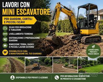 Scavi e lavori giardino con mini escavatore