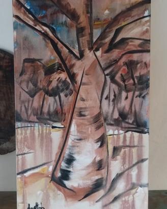 paesaggio con albero dipinto a mano