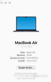 Macbook Air M3 16 GB di Ram  HD da 512 GB