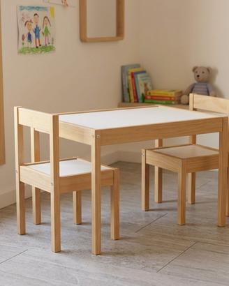 Tavolino con due sedie legno e bianco per bambini
