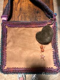 Borsa a spalla in suede e filato hand made crochet