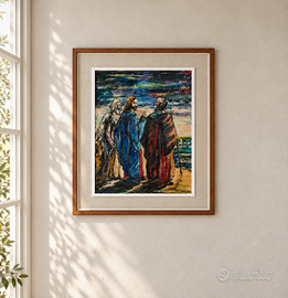 Grande dipinto Cristo discepoli firmato 65x52