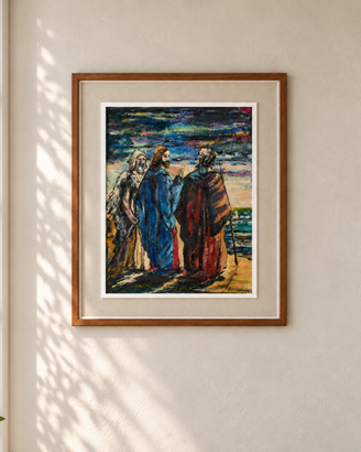 Grande dipinto Cristo discepoli firmato 65x52