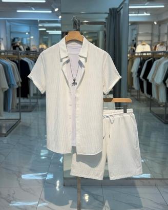 Set Camicia e Shorts Uomo Bianco Plissettato M/L