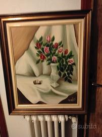  quadro a olio su tela 63x50 rose in vaso vintage 