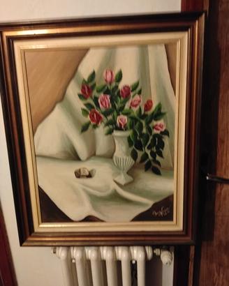  quadro a olio su tela 63x50 rose in vaso vintage 