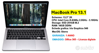 MacBook Pro 13 Retina SSD 251GB Ram 16GB i5 6°