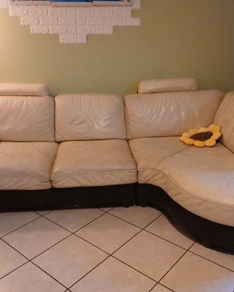 DIVANI PELLE BIANCO E MARRONE CON CHAISE LONGUE
