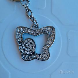 Portachiavi Farfalla Strass Argento Ciondolo Cuore