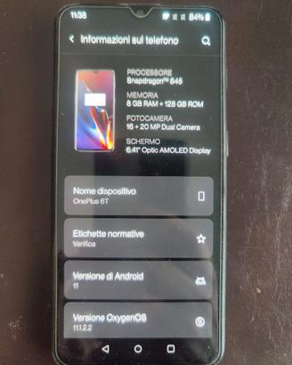OnePlus 6T 8/128 Gb nero come nuovo completo