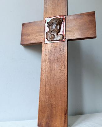 croce devozionale da parete in legno e rame