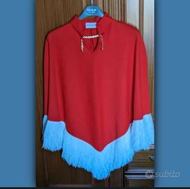 Poncho rosso con frange vintage, anni 70