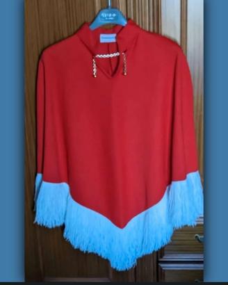 Poncho rosso con frange vintage, anni 70