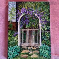 Quadro olio su tela cancello giardino fiorito