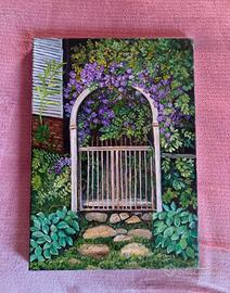 Quadro olio su tela cancello giardino fiorito