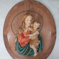 Madonna con bambino in ceramica su base in legno