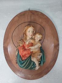 Madonna con bambino in ceramica su base in legno