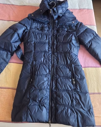 Piumino lungo donna blu M cappuccio staccabile
