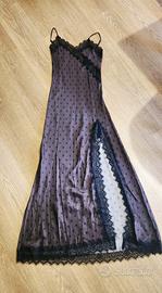 👗 Abito lungo marrone a pois neri con pizzo – tag