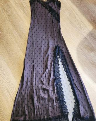 👗 Abito lungo marrone a pois neri con pizzo – tag
