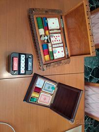 set da gioco vintage (carte,dadi,fiches) 3 cofanet