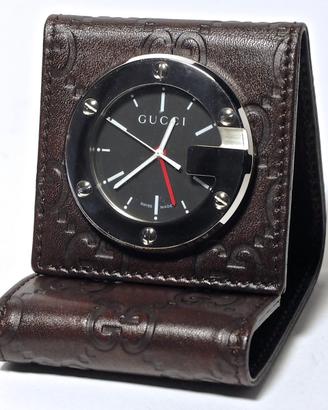 GUCCI sveglia-allarme da viaggio in pelle marrone